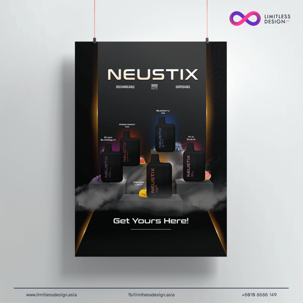 Edgy and futuristic looking alternative poster design for a disposable vape pod called neustix