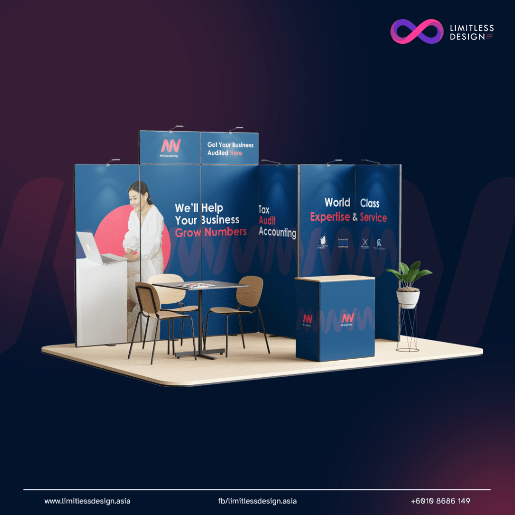 Professional exhibition booth design at a trade show for an accounting firm with clean, minimal design for a corporate look