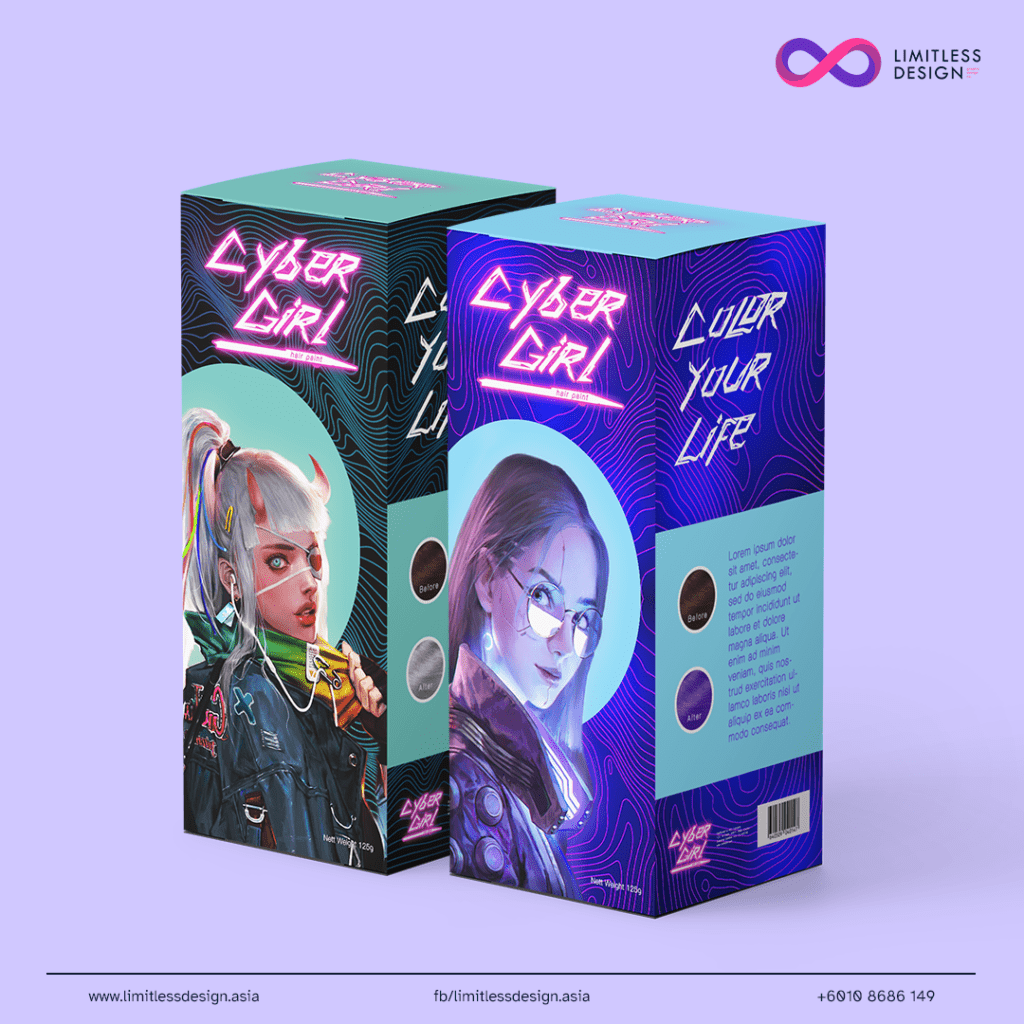 Product packaging design for boxed hair dye with futuristic, cyberpunk designs and characters