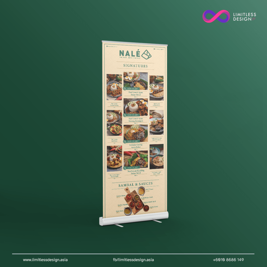 A minimal and premium looking standing bunting design for a premium nasi lemak brand (NALE)