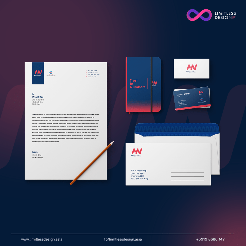 Stationery set design for a brand identity project at aw accounting