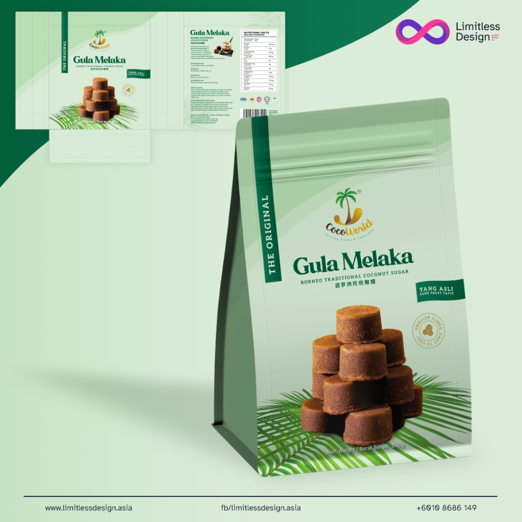 ziplock pouch packaging design for CocoWorld Gula Melaka by limitlessdesign.asia