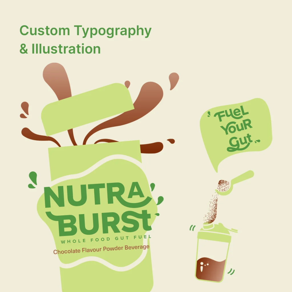 an image showing the custom illustrations and typography used in nutraburst by nutreegut, created by limitlessdesign.asia